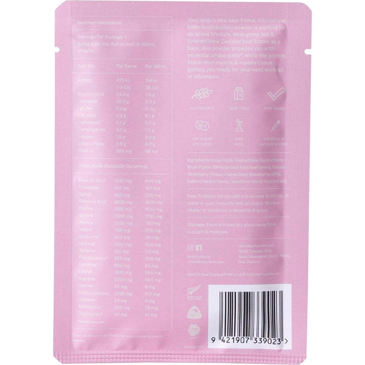 Mitchells Nutrition Bone Broth Protein Powder Real Strawberry 10x30g - Mitchells Nutrition