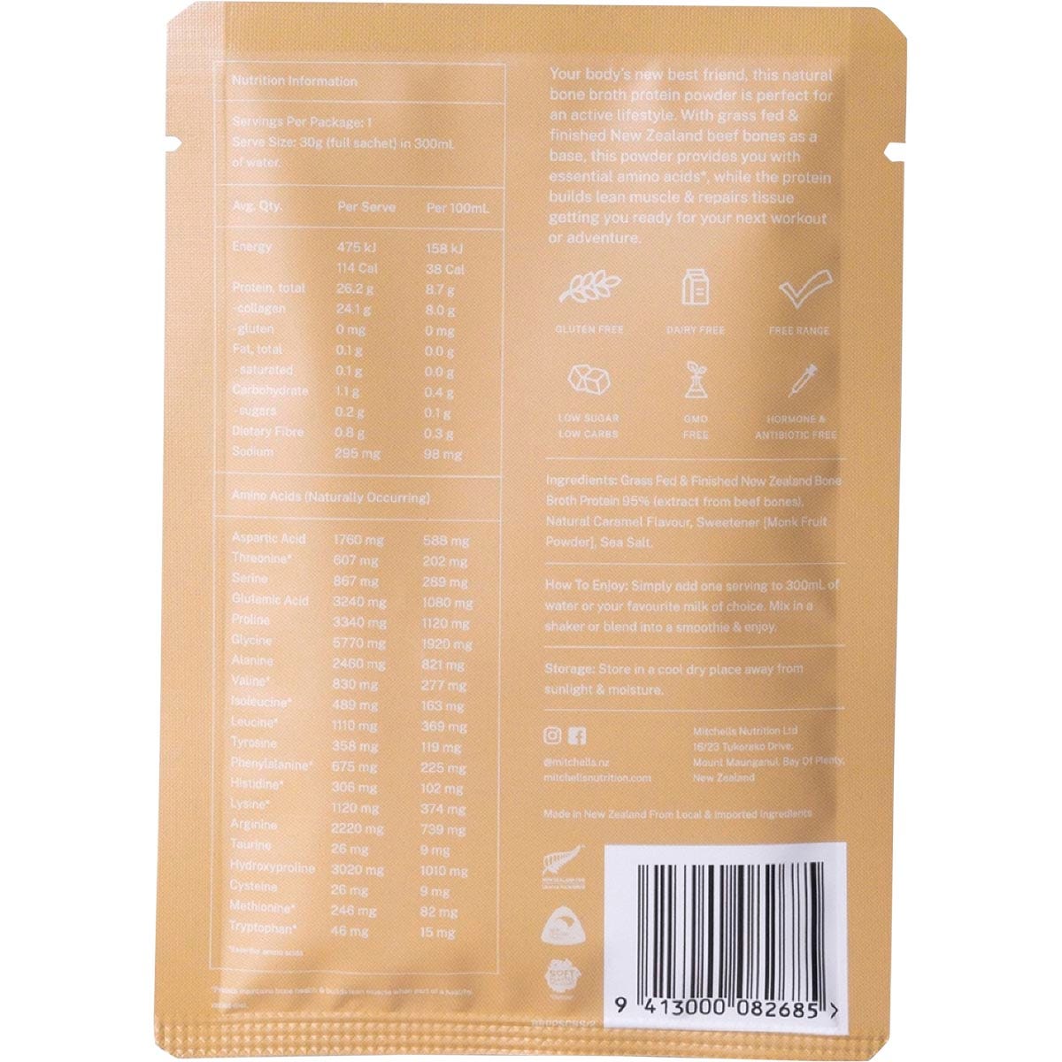 Mitchells Nutrition Bone Broth Protein Powder Salted Caramel 10x30g - Mitchells Nutrition