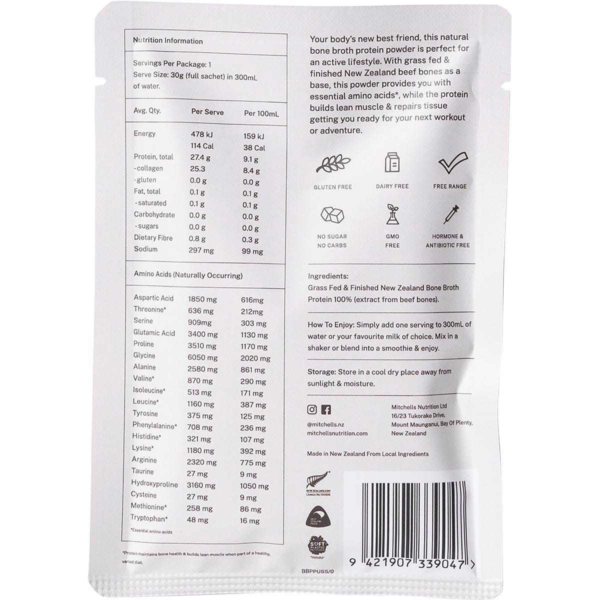 Mitchells Nutrition Bone Broth Protein Powder Unflavoured 10x30g - Mitchells Nutrition