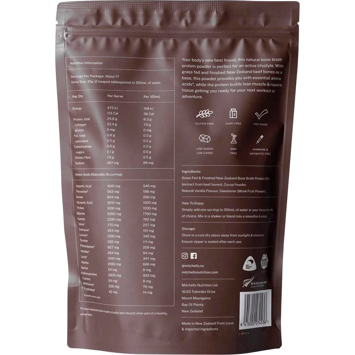 Mitchells Nutrition Bone Broth Protein Powder Chocolate 500g - Mitchells Nutrition