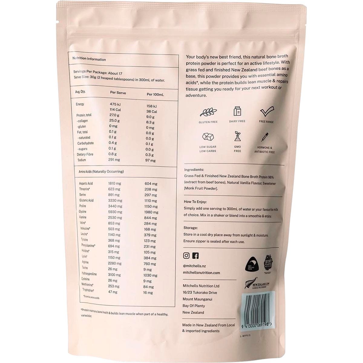 Mitchells Nutrition Bone Broth Protein Powder Vanilla 500g - Mitchells Nutrition