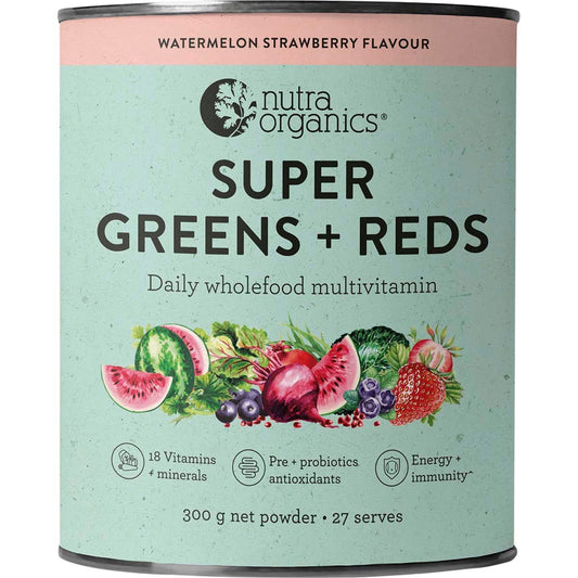 Nutra Organics Super Greens + Reds Watermelon Strawberry 300g - Nutra Organics