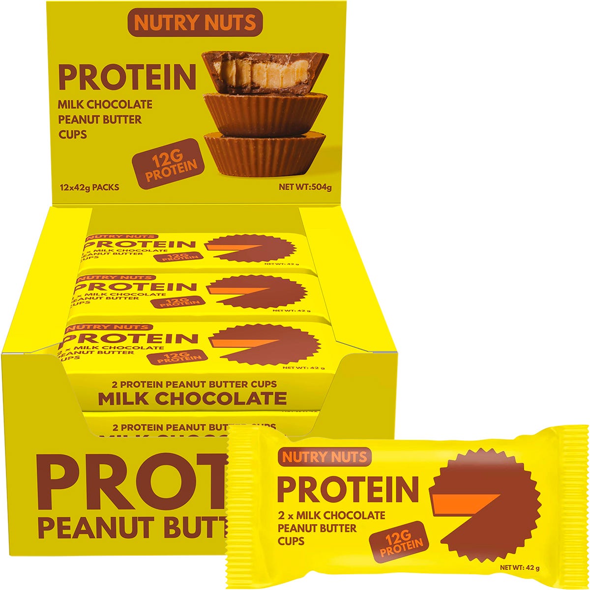 Nutry Nuts Protein Peanut Butter Cups Milk Chocolate 12x42g - Nutry Nuts