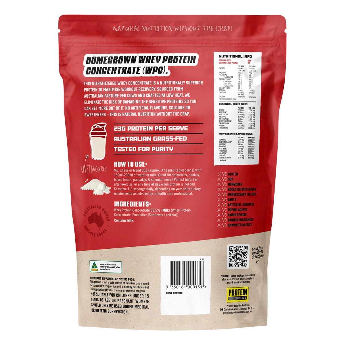 Protein Supplies Australia WPC Whey Protein Concentrate Pure/Unflavoured 1kg