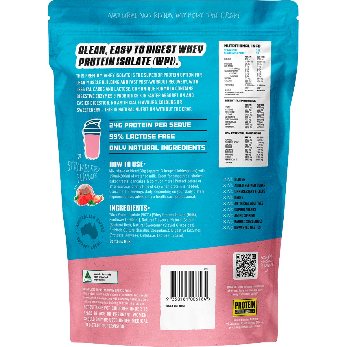 Protein Supplies Australia WPI Whey Protein Isolate Strawberry 1kg - Protein Supplies Australia