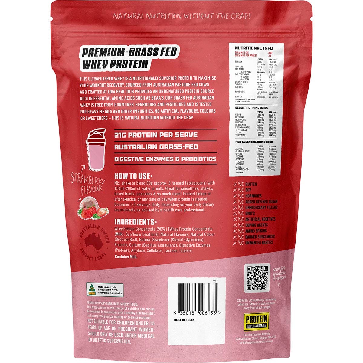 Protein Supplies Australia Australian Whey Protein Strawberry 1kg - Protein Supplies Australia
