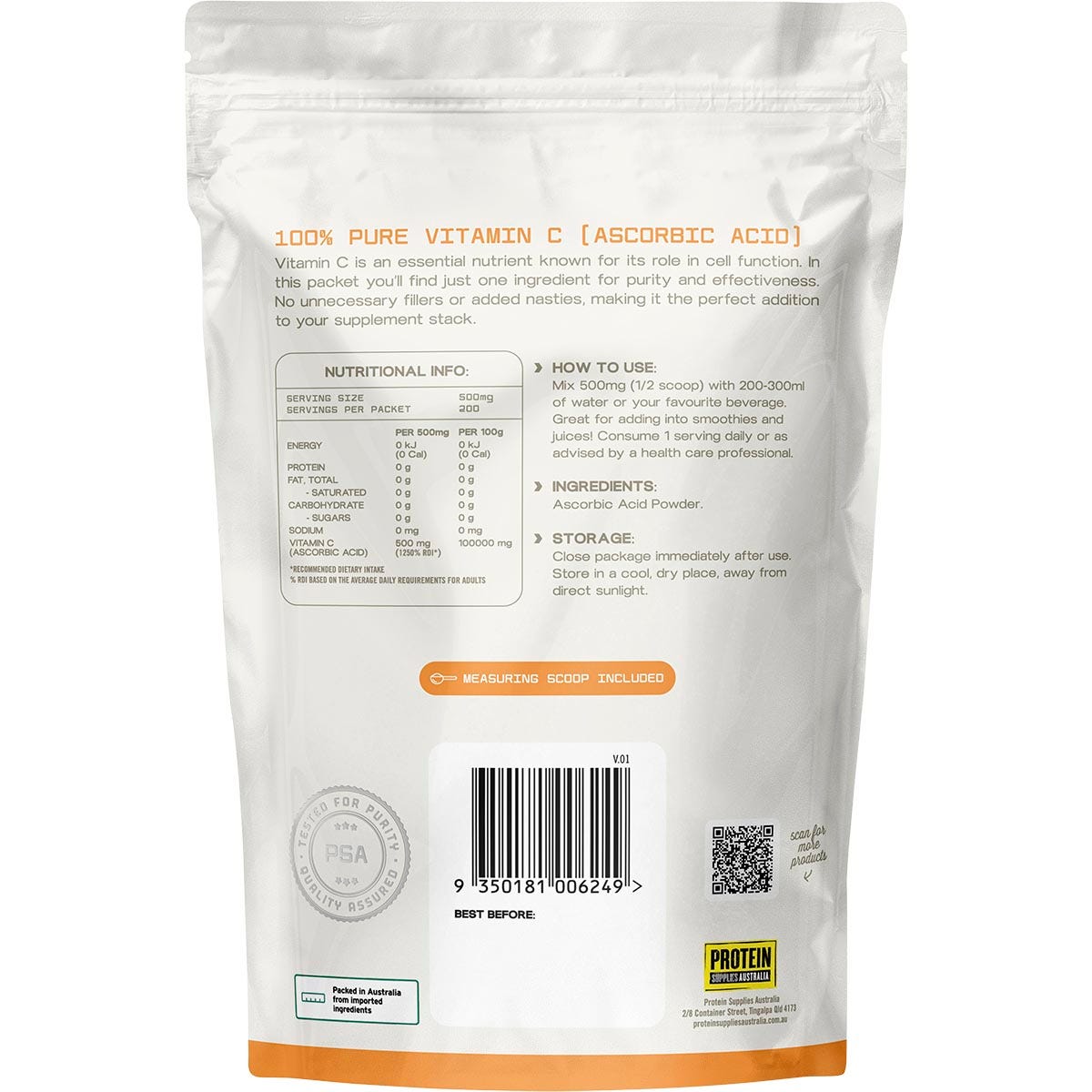 Protein Supplies Australia Vitamin C Unflavoured 100g - Protein Supplies Australia