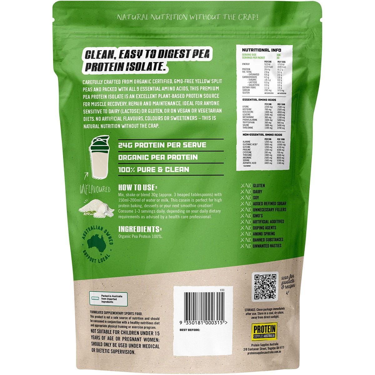 Protein Supplies Australia PeaPro Raw Pea Protein Pure 1kg