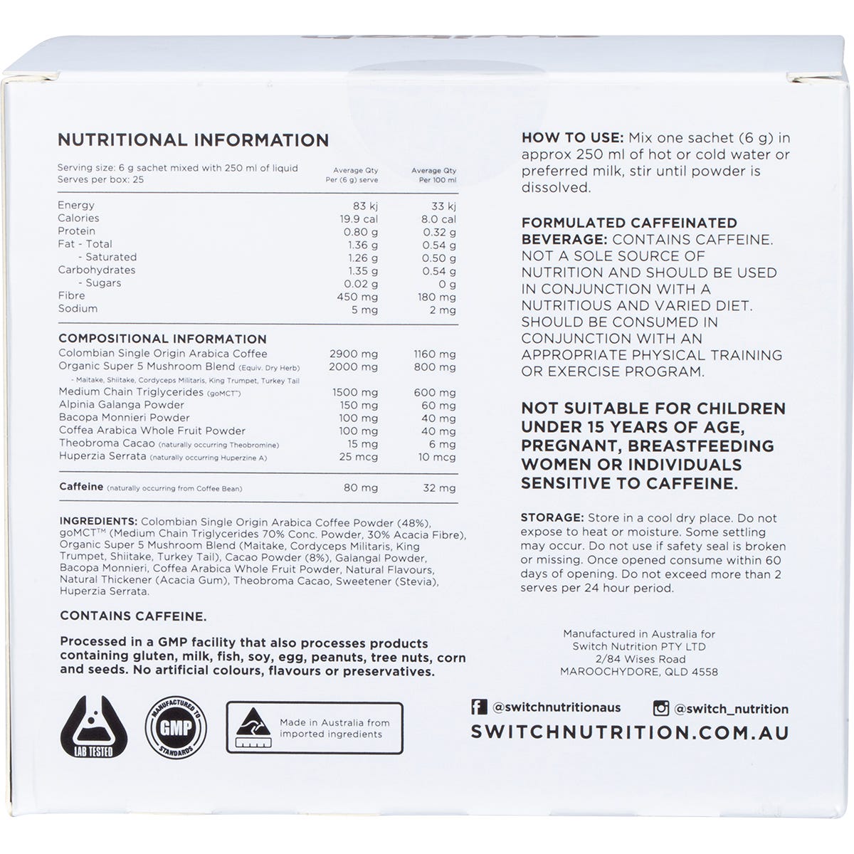 Switch Nutrition Coffee Mental Focus Elixir Cafe Mocha 25pk - Switch Nutrition