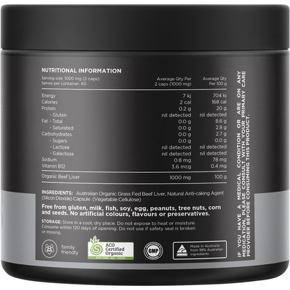 Switch Nutrition Beef Liver 100% Organic Grass Fed 120 Caps - Switch Nutrition