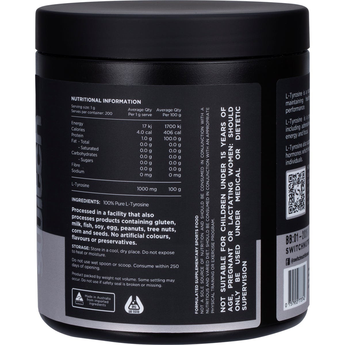 Switch Nutrition Tyrosine 100% Pure L-Tyrosine Unflavoured 200g - Switch Nutrition