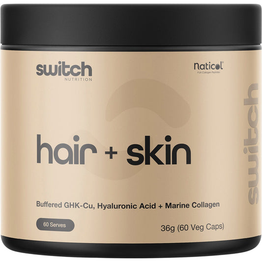 Switch Nutrition Hair + Skin GHK-Cu, Hyaluronic Acid, Marine Collagen 60 Caps - Switch Nutrition