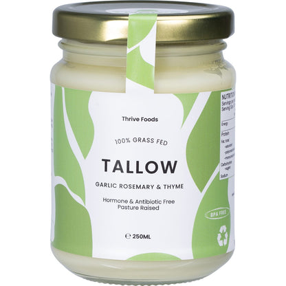 Thrive Tallow 100% Grass Fed Tallow Garlic, Rosemary & Thyme 250ml - Thrive Tallow