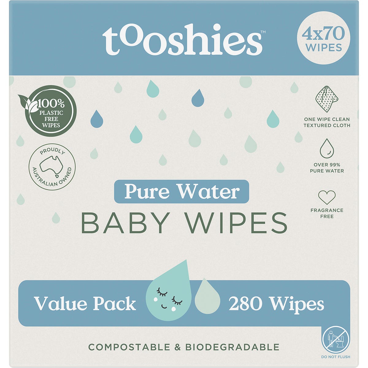 Tooshies Pure Water Baby Wipes Value Pack 4x70pk - Tooshies