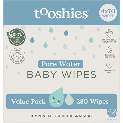 Tooshies Pure Water Baby Wipes Value Pack 4x70pk - Tooshies