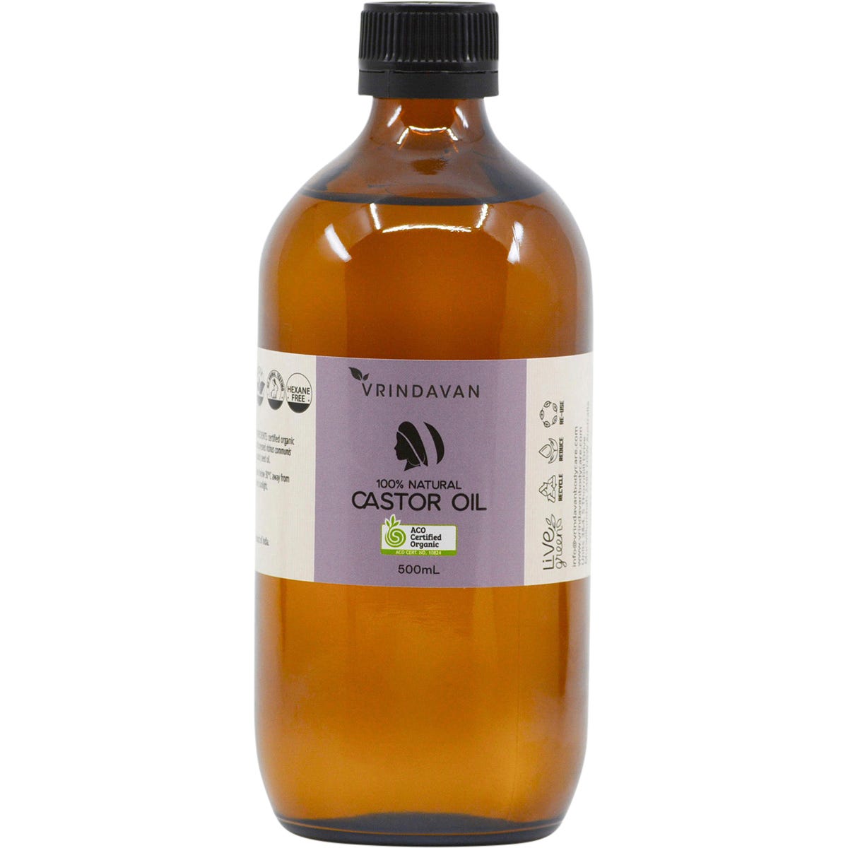 Vrindavan Castor Oil 100% Natural - Amber Glass Bottle 500ml - Vrindavan