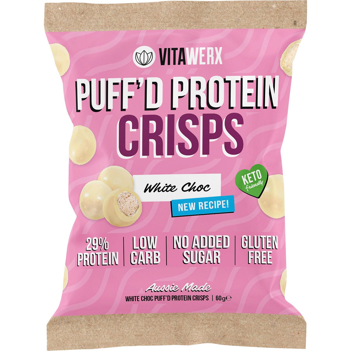 Vitawerx Puff'd Protein Crisps White Choc 10x60g - Vitawerx