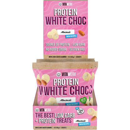Vitawerx Protein White Choc Coated Almonds 10x60g - Vitawerx