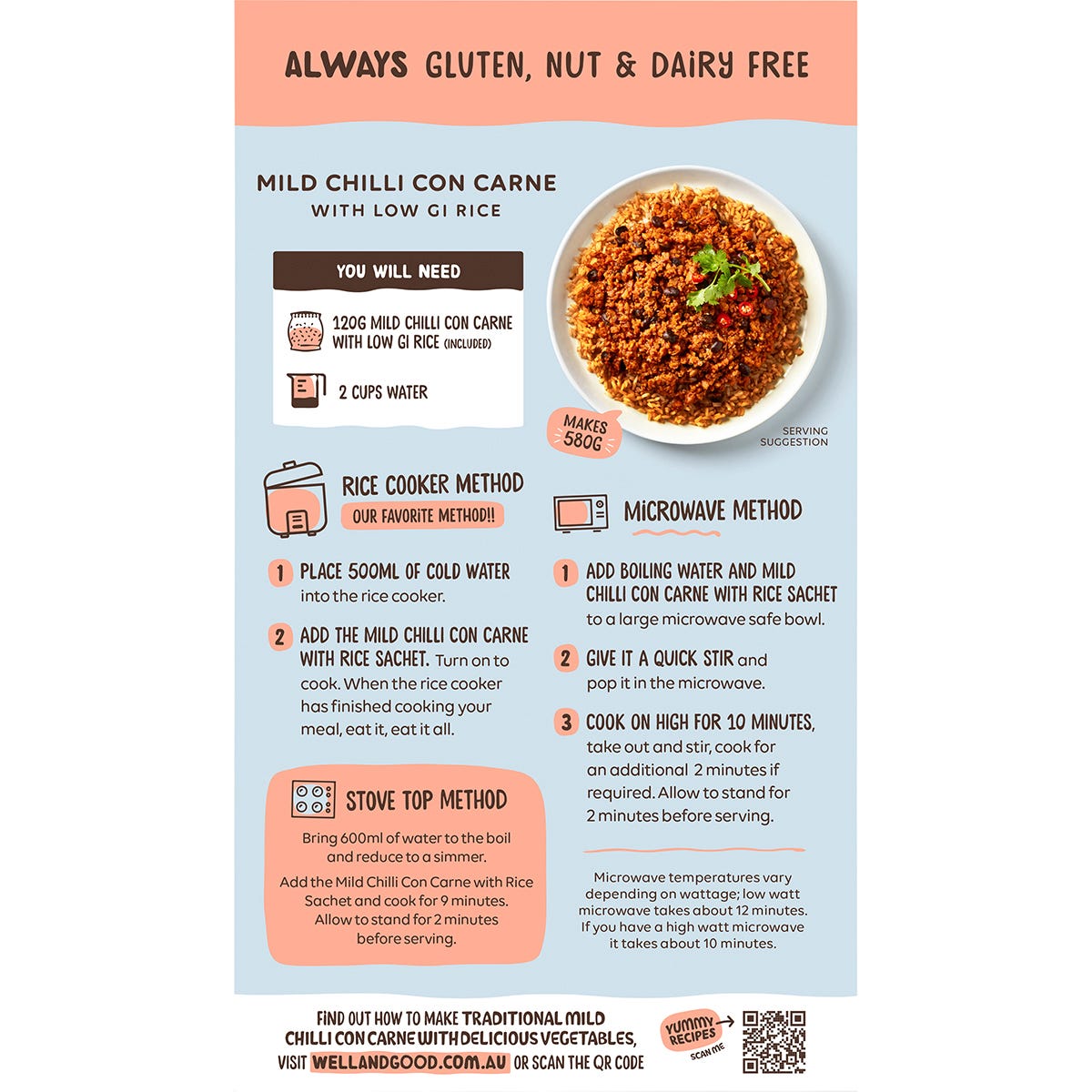 Well & Good Mild Chilli Con Carne with Low GI Rice 120g - Well & Good