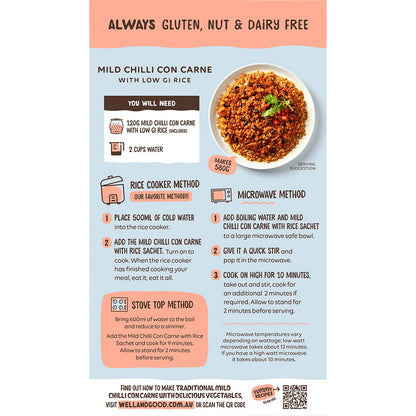Well & Good Mild Chilli Con Carne with Low GI Rice 120g - Well & Good