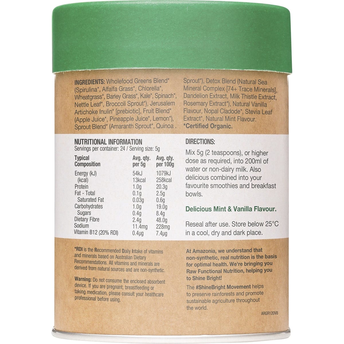 Amazonia Raw Nutrients Greens Mint & Vanilla Flavour 120g