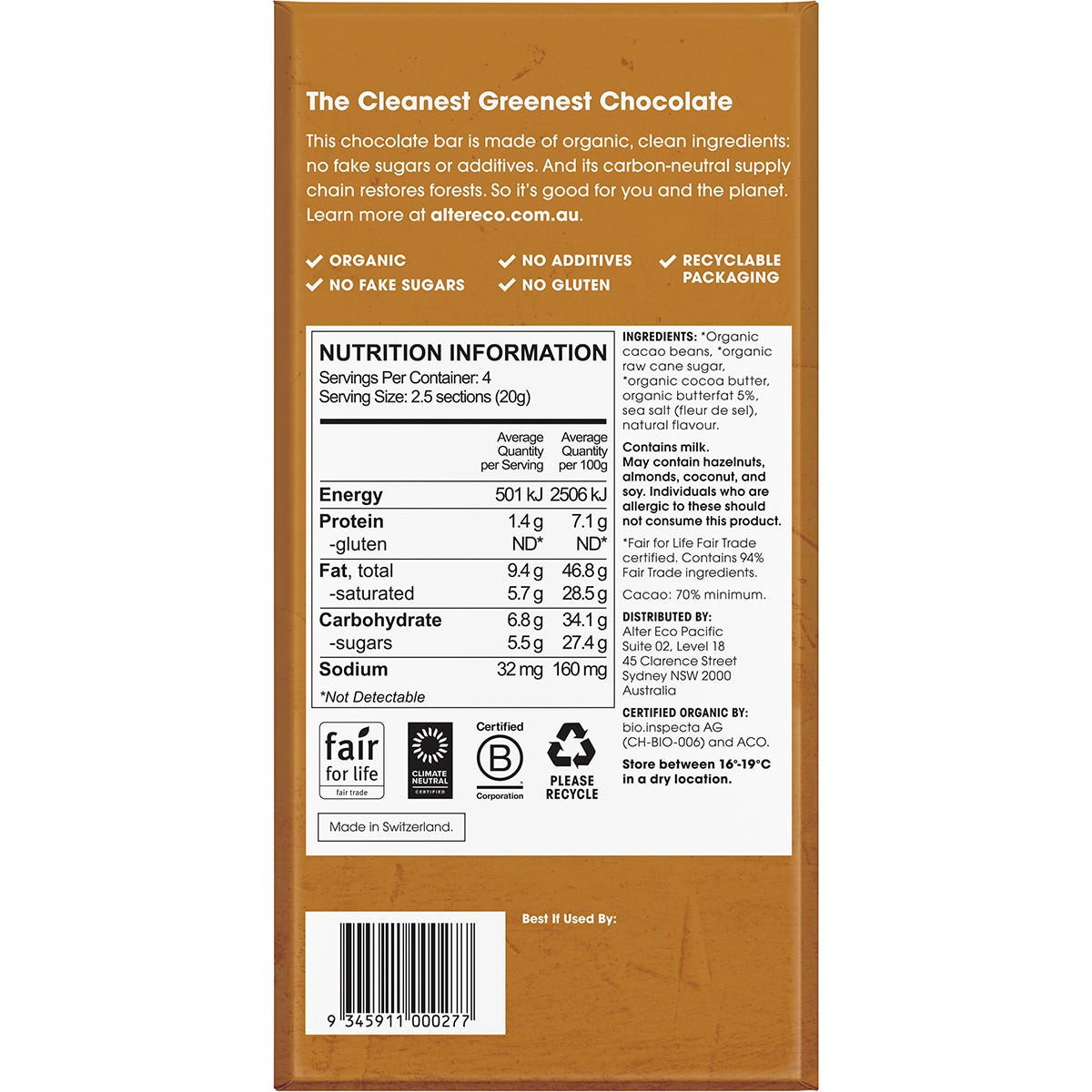 Alter Eco Chocolate Organic Dark Brown Butter 12x80g