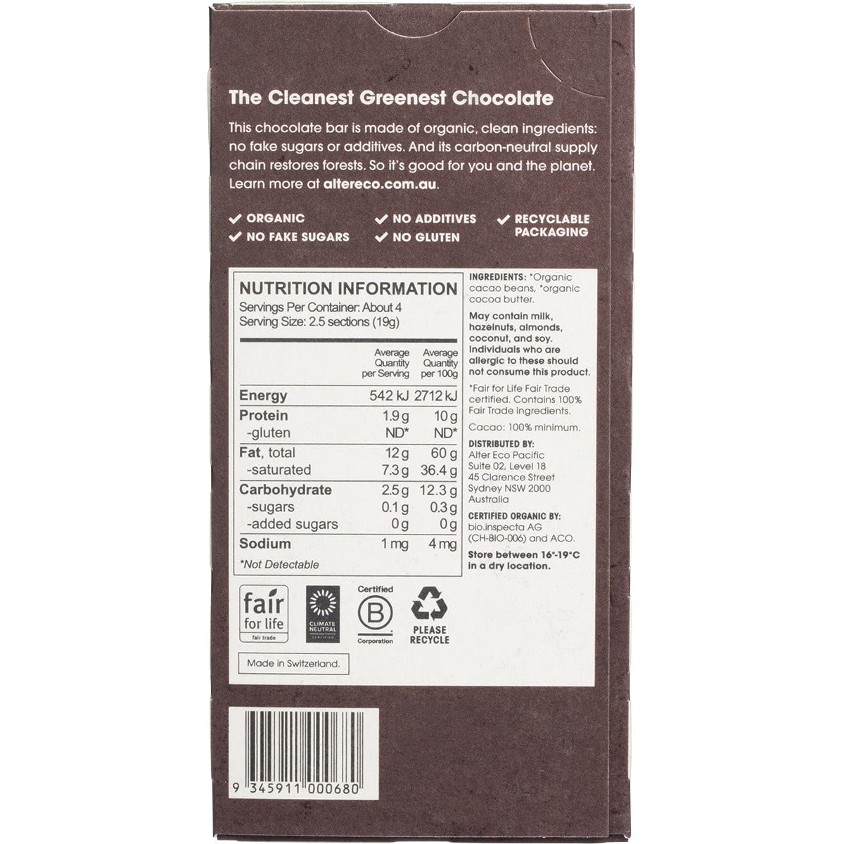 Alter Eco Chocolate Organic Dark Total Blackout 12x75g