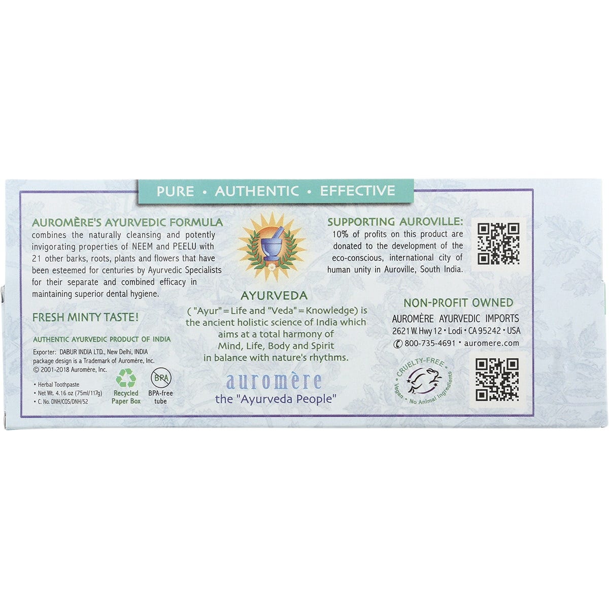 Auromere Toothpaste Ayurvedic Fresh Mint Fluoride Free 6x117g