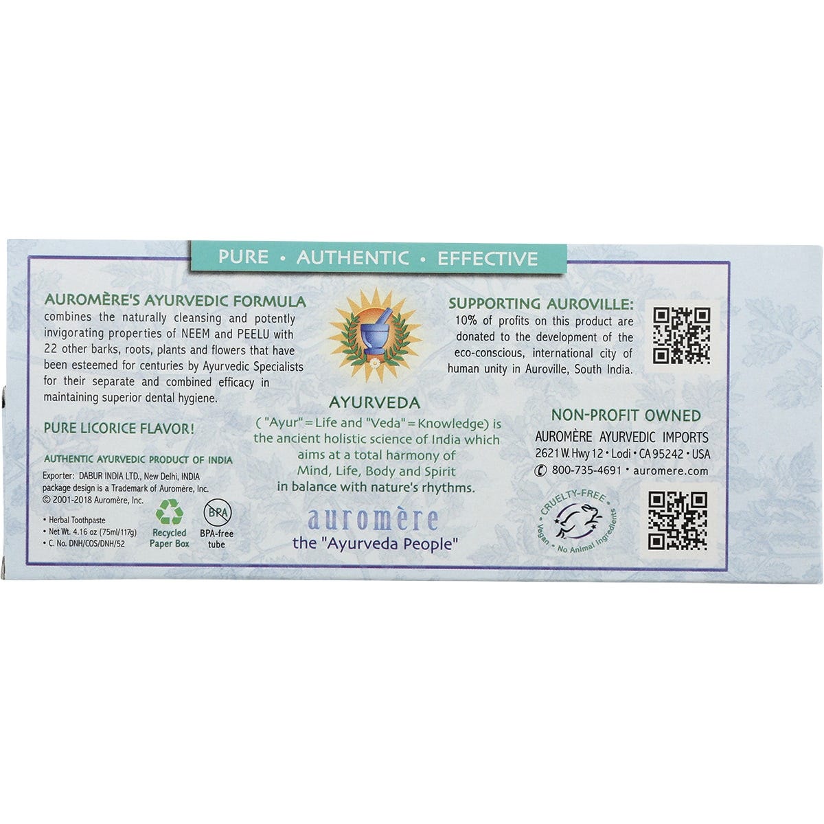 Auromere Toothpaste Ayurvedic Mint Free Fluoride Free 6x117g