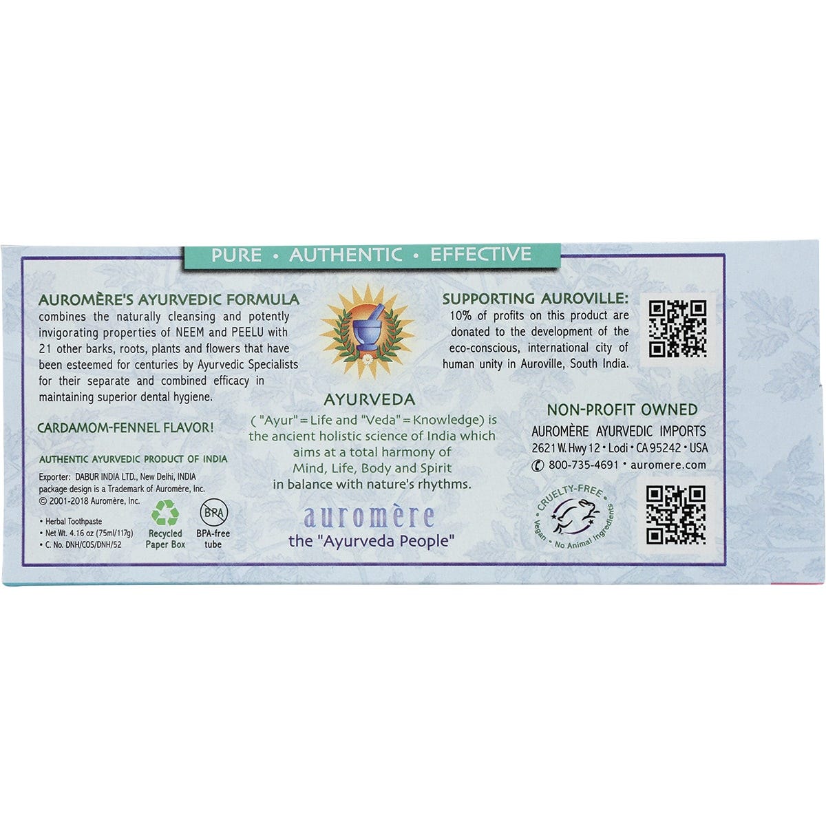 Auromere Toothpaste Ayurvedic Cardamom Fennel Fluoride Free 6x117g