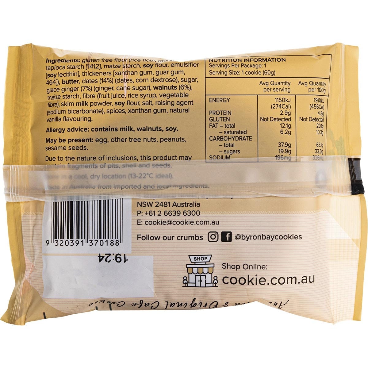 Byron Bay Cookies Gluten Free Cookies Sticky Date & Ginger 12x60g