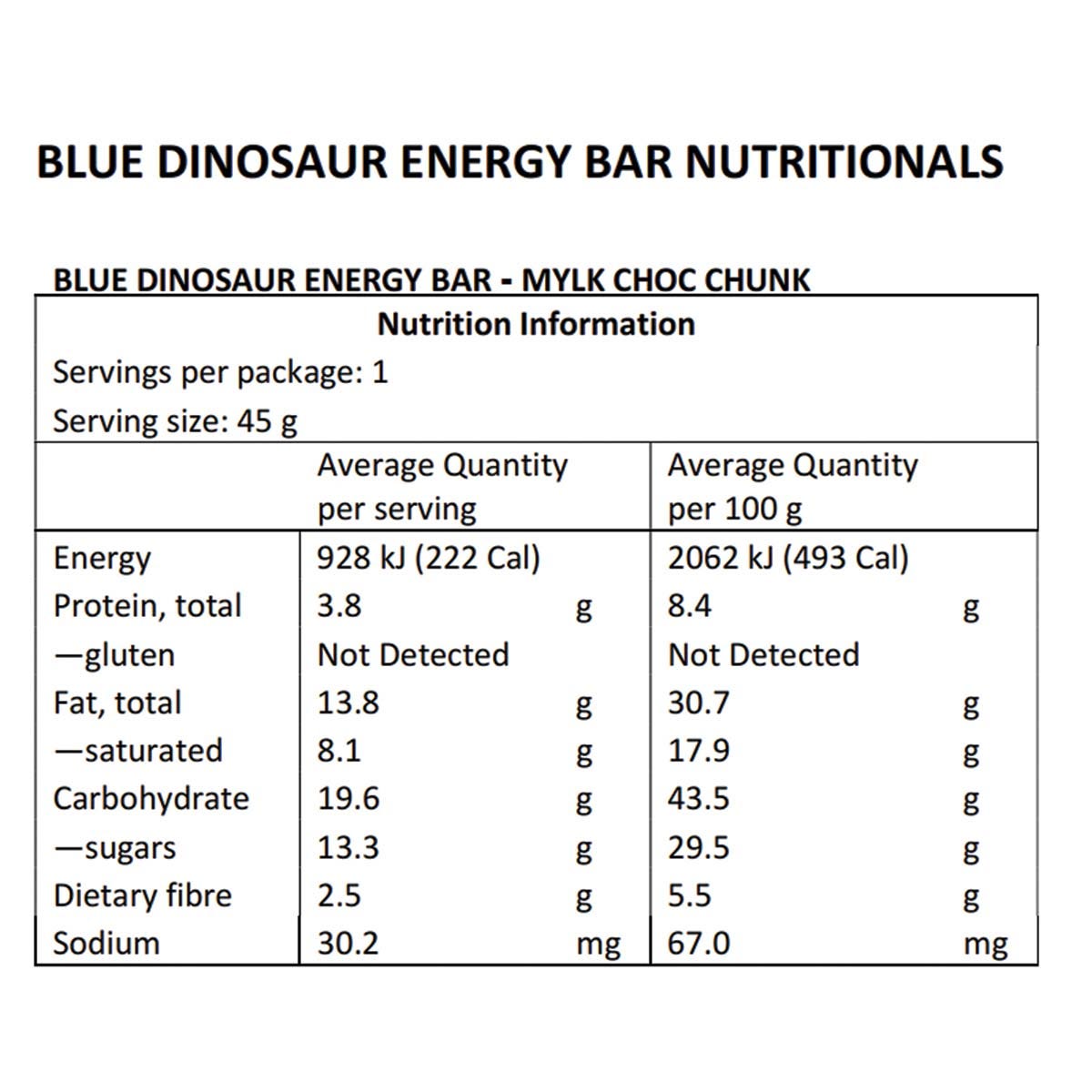 Blue Dinosaur Hand-Baked Energy Bar Mylk Choc Chunk 12x45g