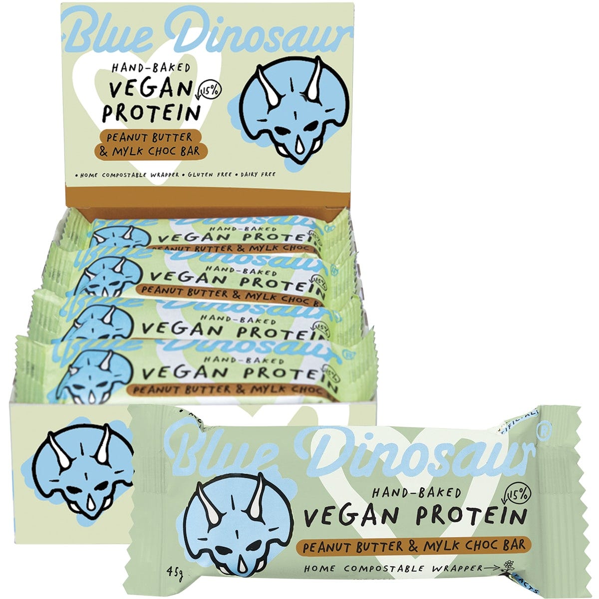 Blue Dinosaur Hand-Baked Vegan Protein Bar PB & Mylk Chocolate 12x45g