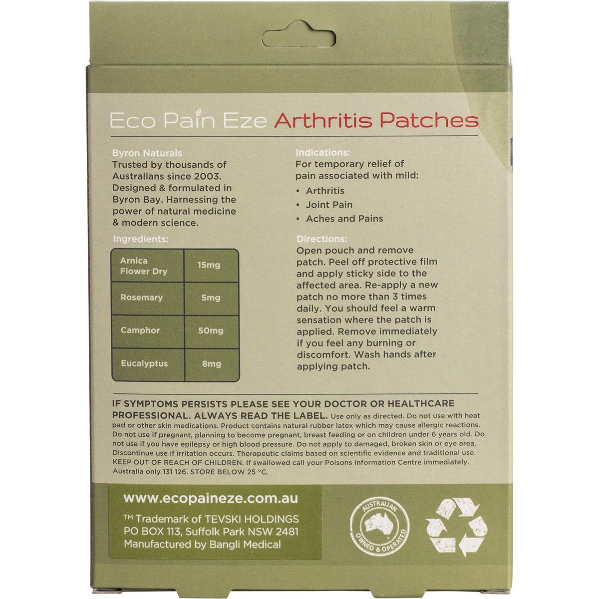 Byron Naturals Eco Pain Arthritis Arnica Patches 6pk