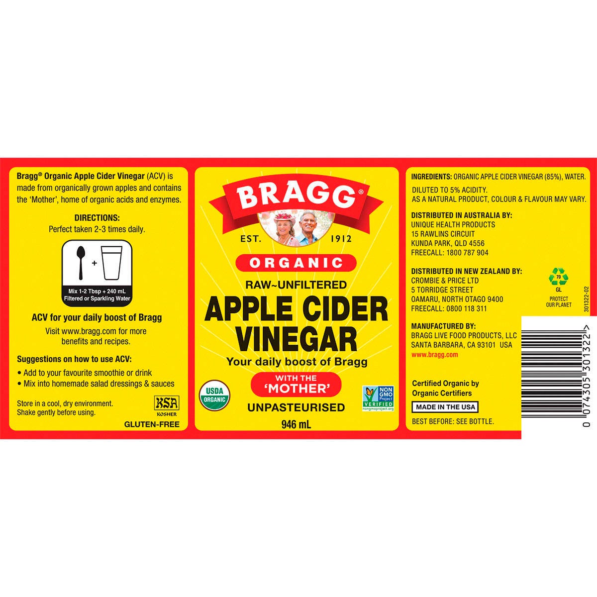 Bragg Apple Cider Vinegar Unfiltered with The Mother 946ml