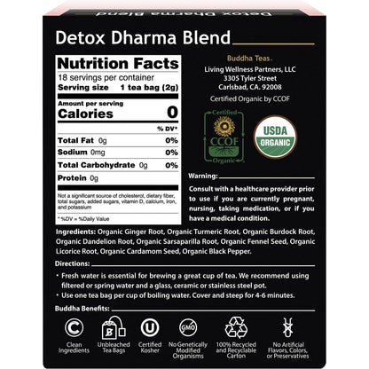 Buddha Teas Organic Herbal Tea Bags Detox Dharma Blend 18pk