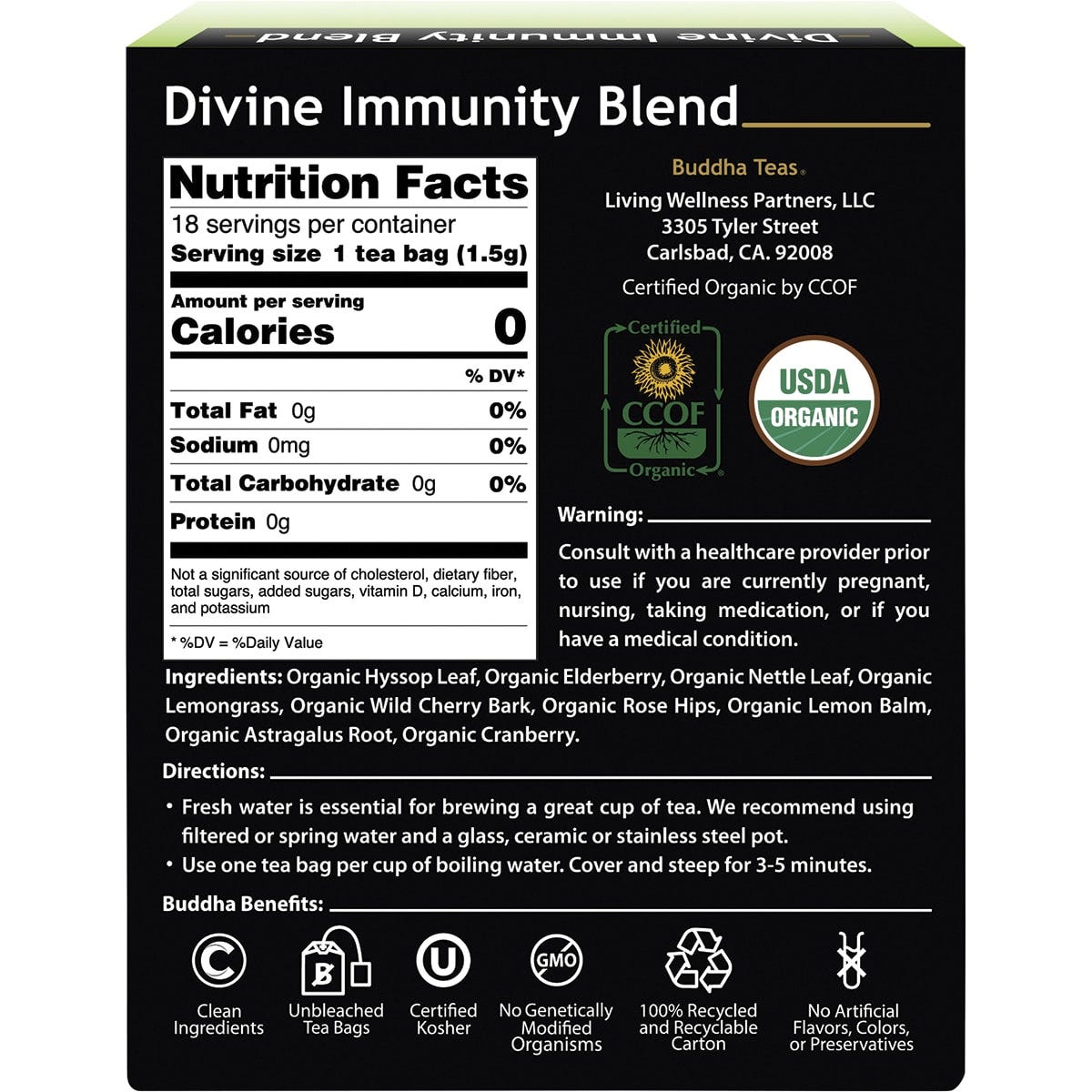 Buddha Teas Organic Herbal Tea Bags Divine Immunity Blend 18pk