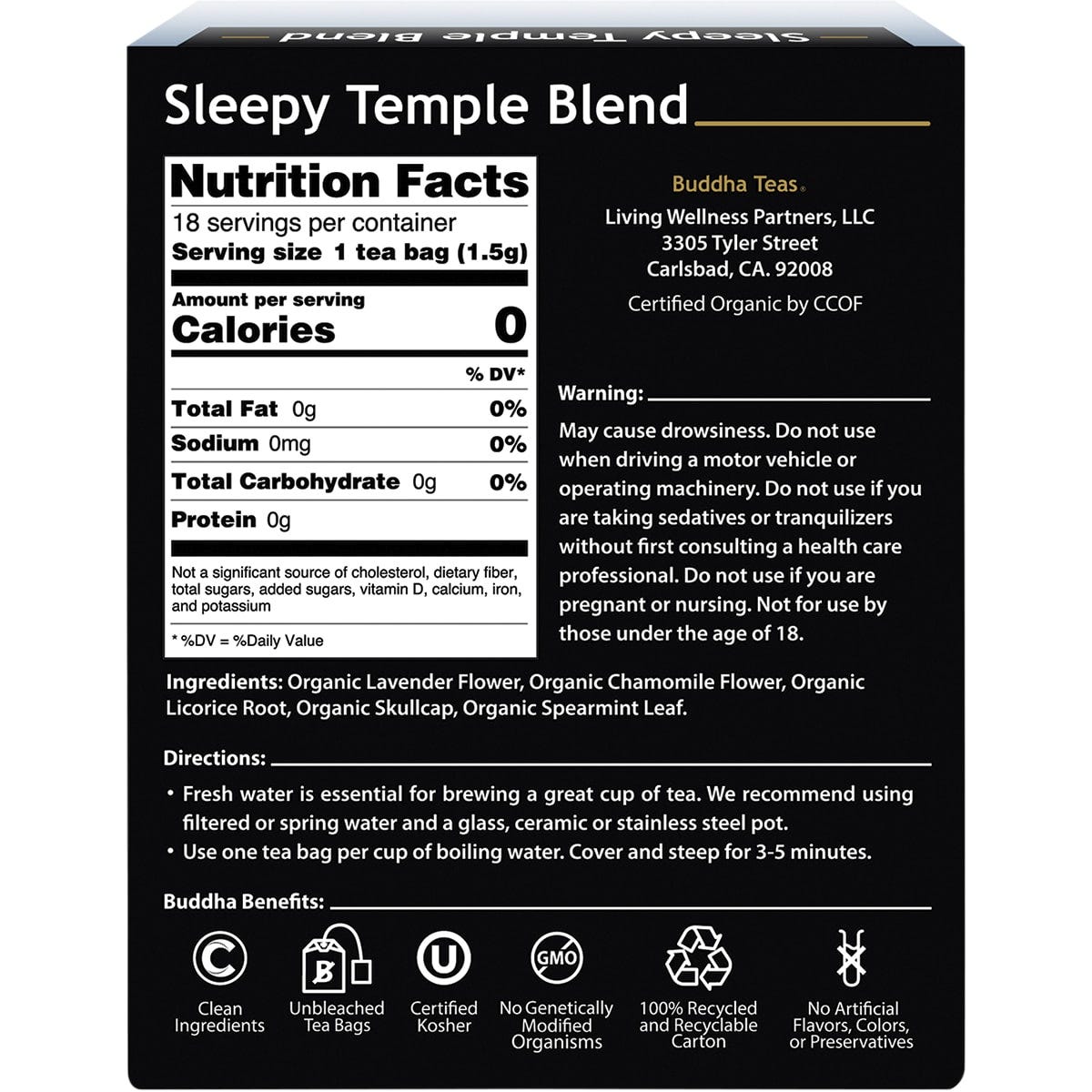 Buddha Teas Organic Herbal Tea Bags Sleepy Temple Blend 18pk