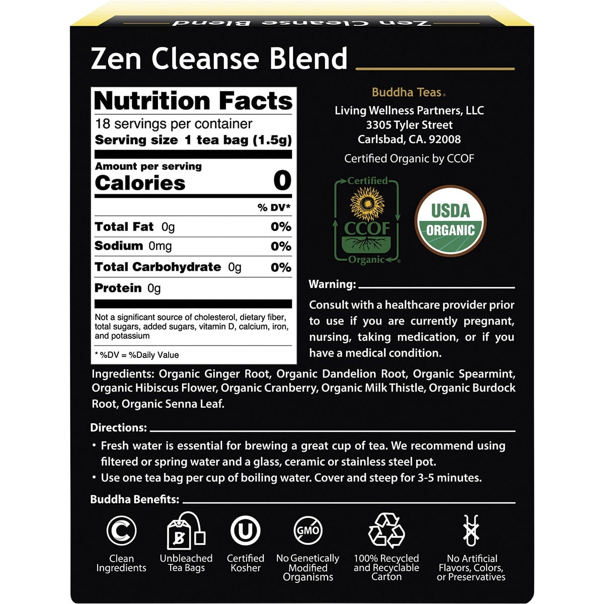 Buddha Teas Organic Herbal Tea Bags Zen Cleanse Blend 18pk