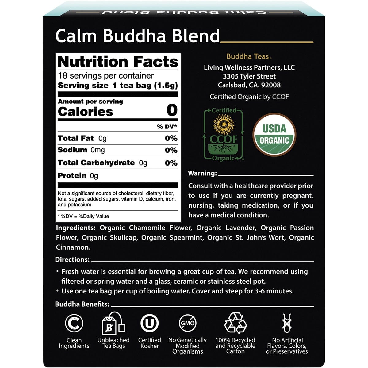 Buddha Teas Organic Herbal Tea Bags Calm Buddha Blend 18pk