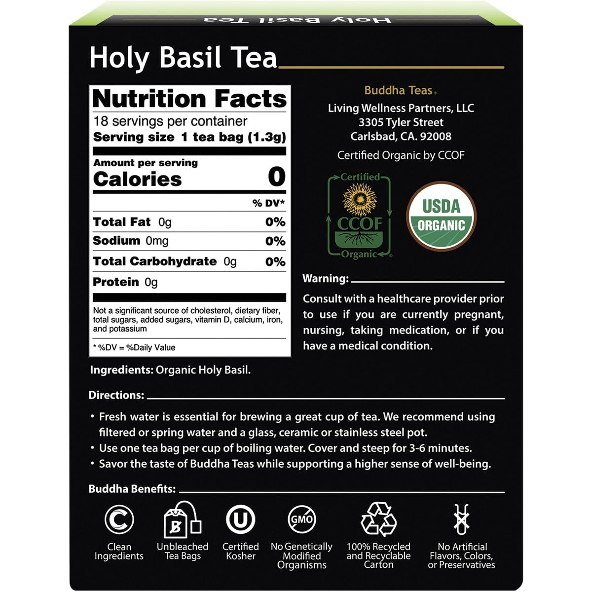 Buddha Teas Organic Herbal Tea Bags Holy Basil Tea (Tulsi) 18pk