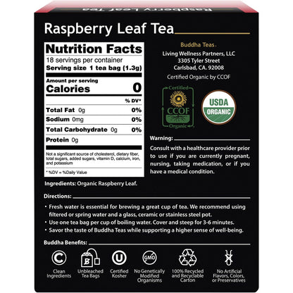 Buddha Teas Organic Herbal Tea Bags Raspberry Leaf Tea 18pk