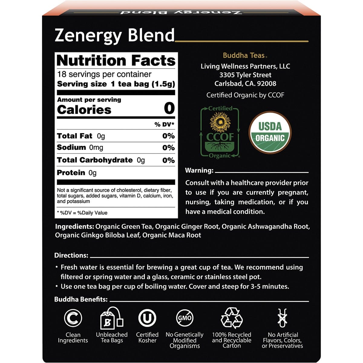 Buddha Teas Organic Herbal Tea Bags Zenergy Blend 18pk