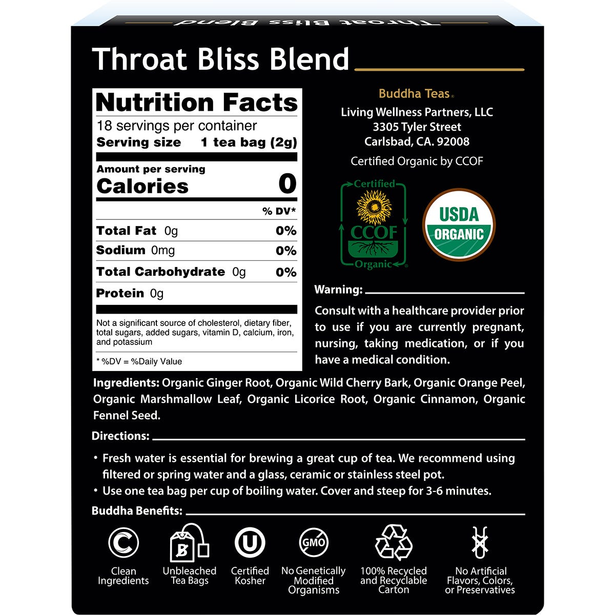 Buddha Teas Organic Herbal Tea Bags Throat Bliss Blend 18pk