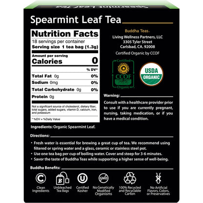 Buddha Teas Organic Herbal Tea Bags Spearmint Leaf Tea 18pk