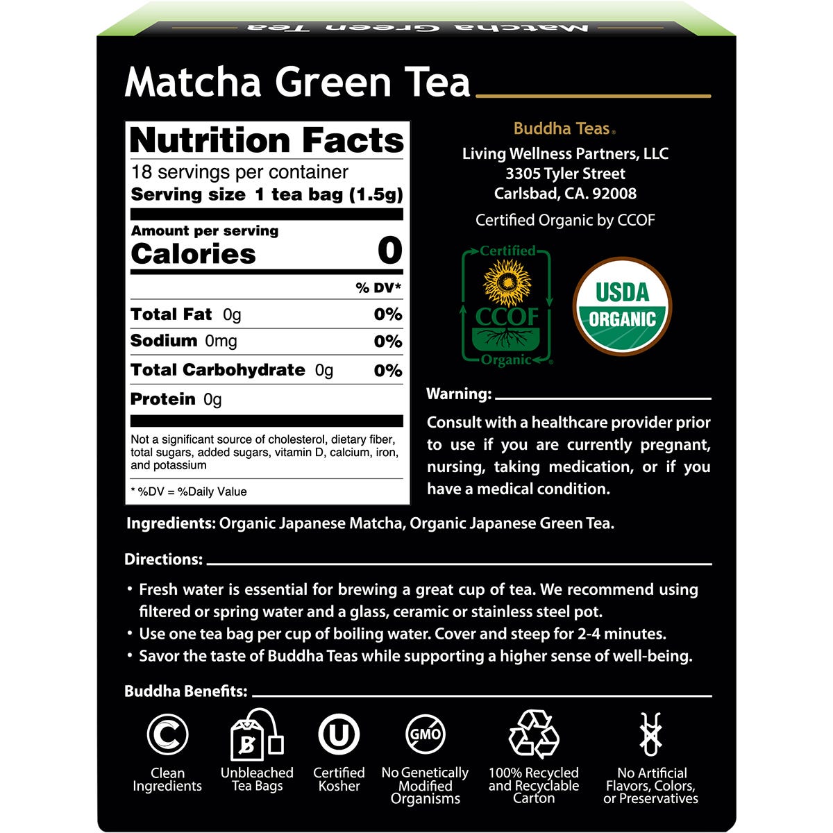 Buddha Teas Organic Tea Bags Matcha Green Tea 18pk