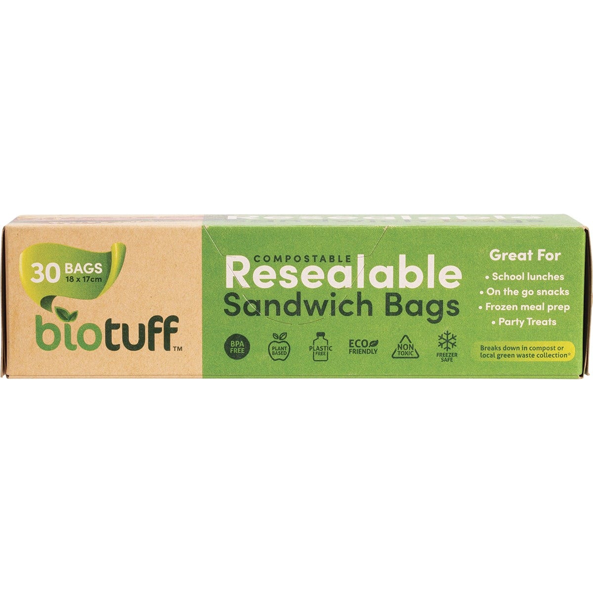 Biotuff Resealable Sandwich Bags 18x17cm 30pk