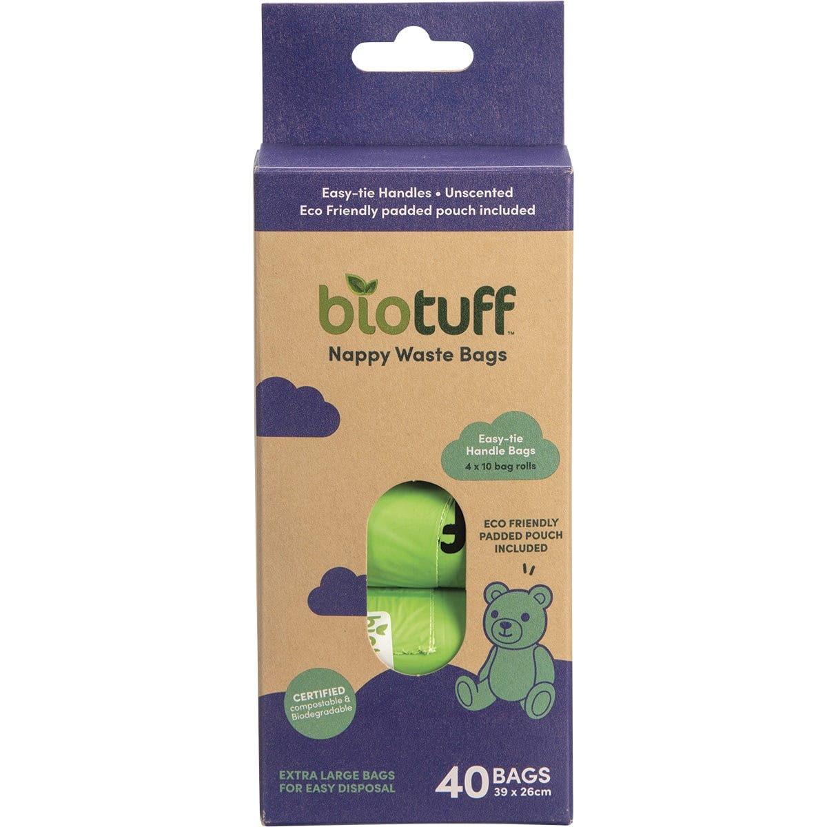 Biotuff Nappy Waste Bags & Dispenser 4 x 10 Bag Rolls 40pk