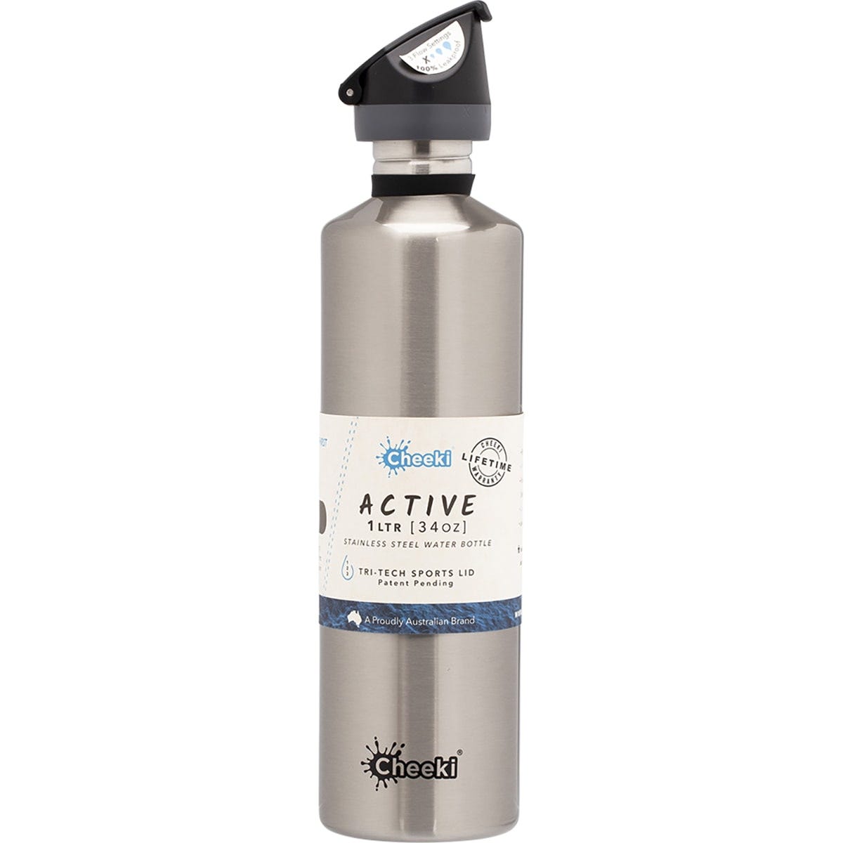 Cheeki Stainless Steel Bottle Silver Sports Lid 1L