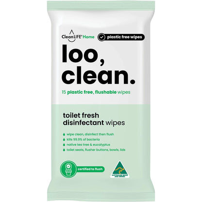 CleanLIFE Flushable Plastic Free Wipes Loo Clean 15pk